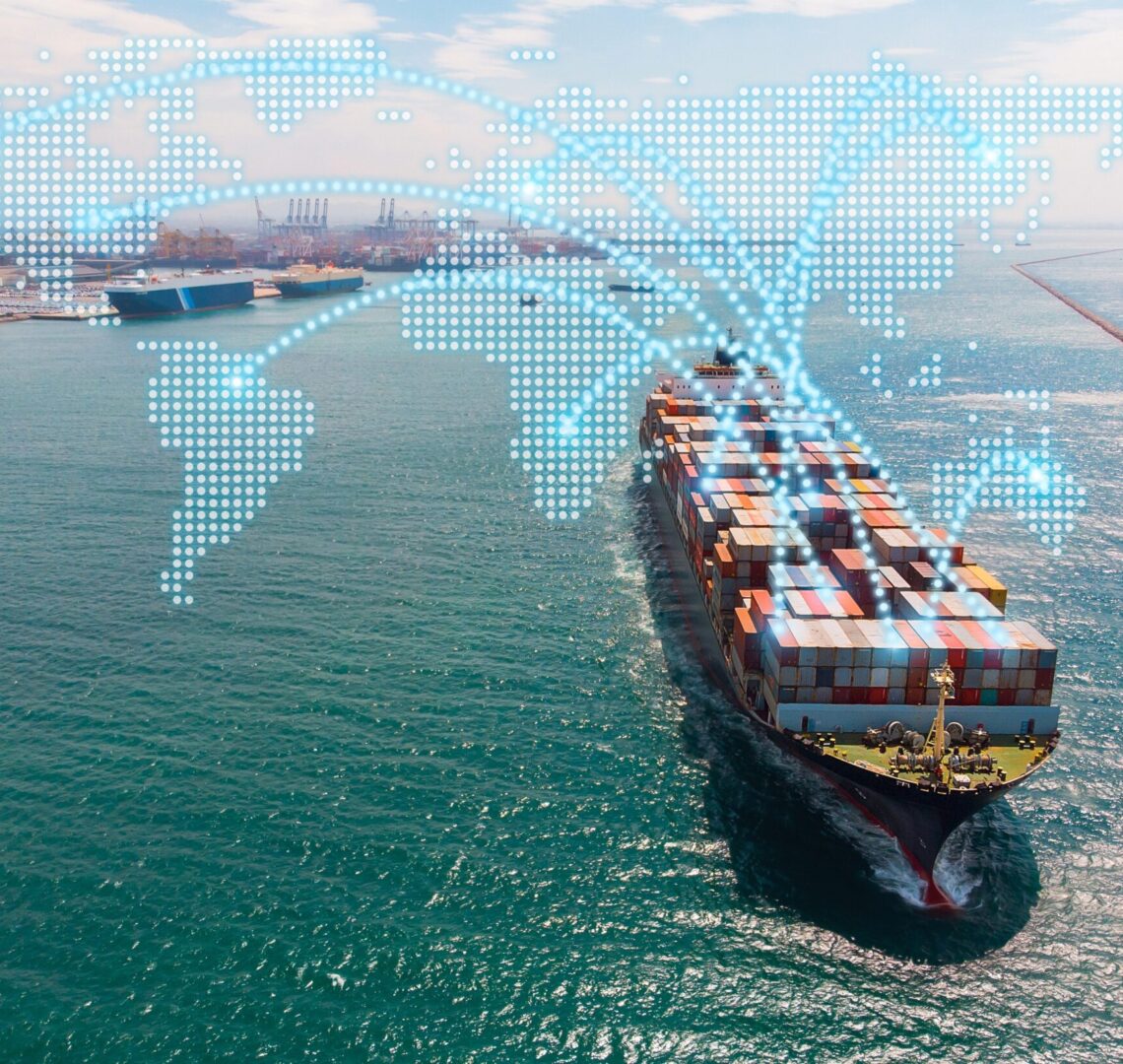 Aerial,View,Of,A,Large,Container,Ship,At,Sea,With