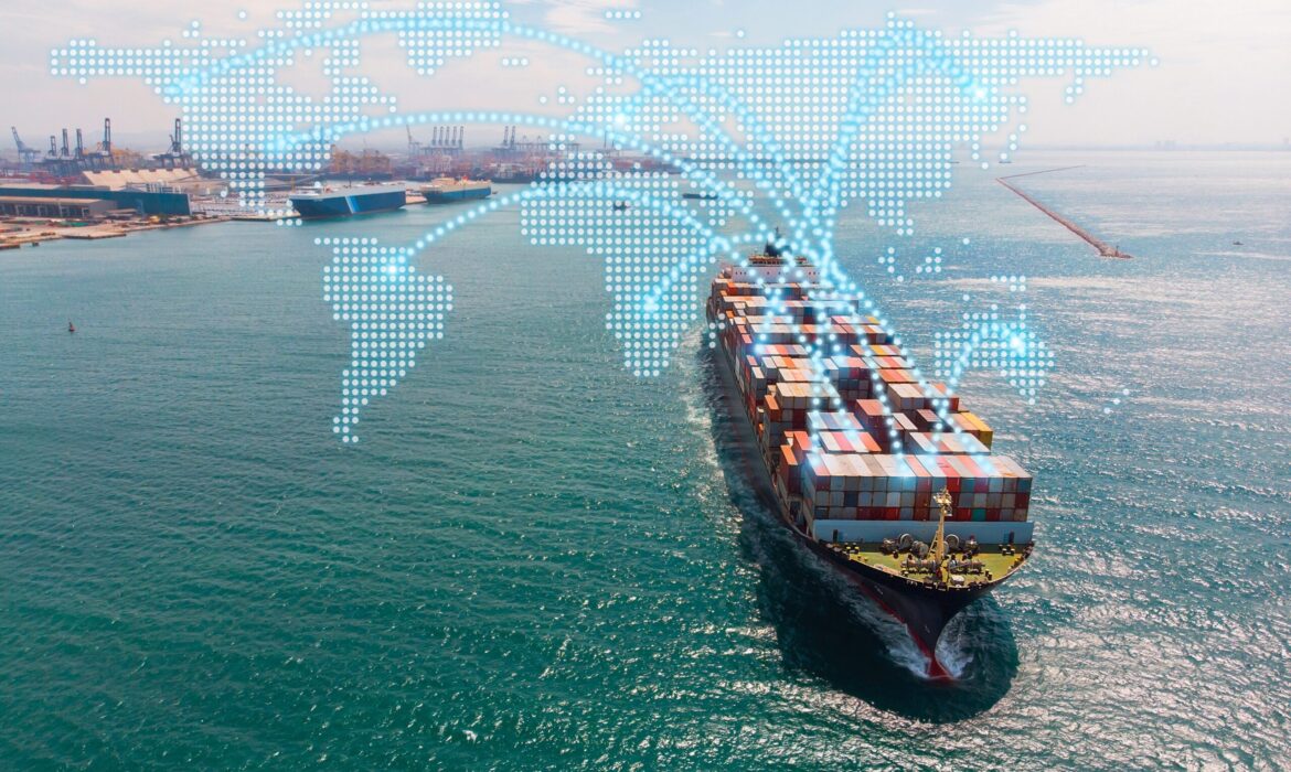 Aerial,View,Of,A,Large,Container,Ship,At,Sea,With