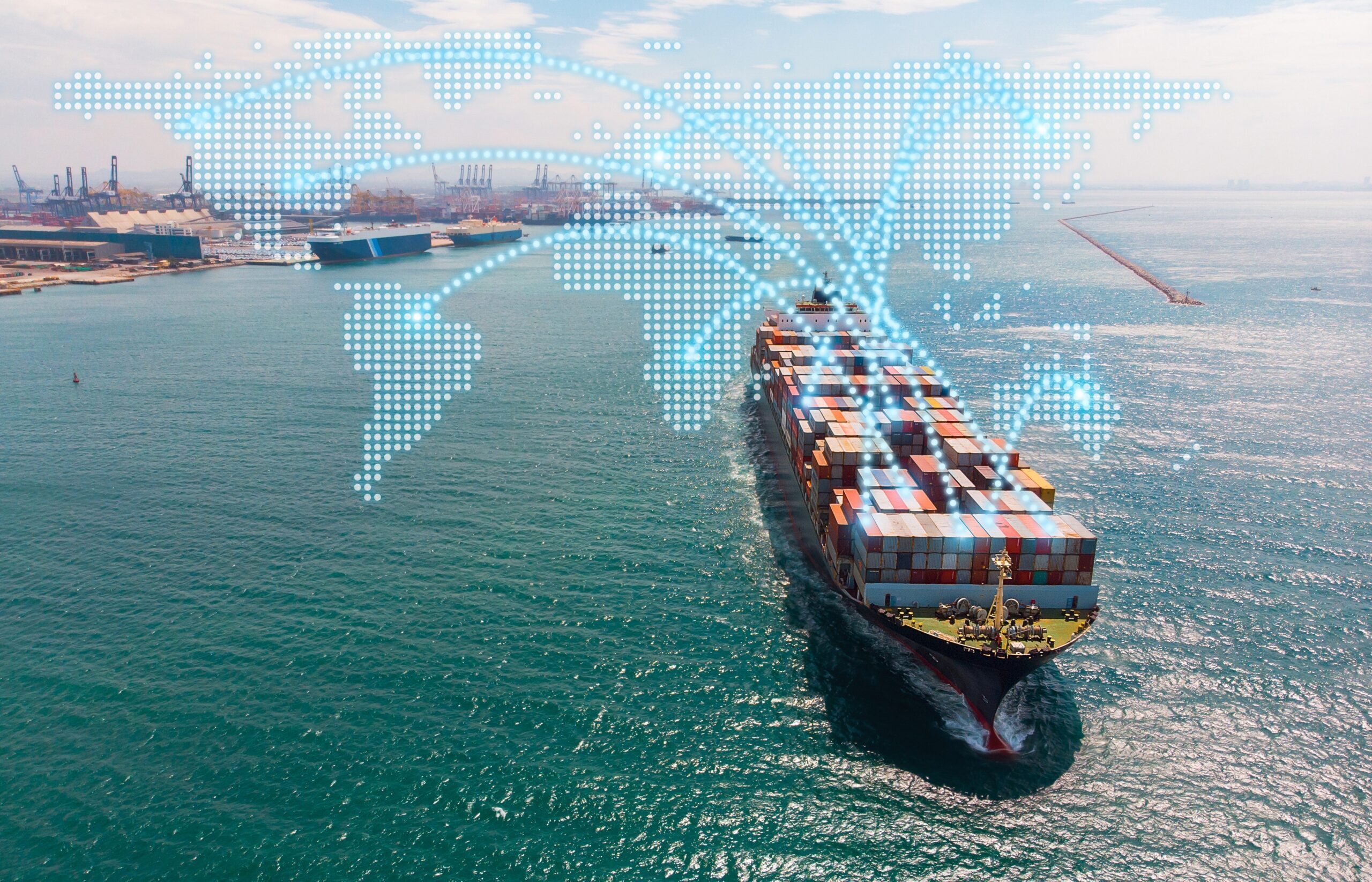 Aerial,View,Of,A,Large,Container,Ship,At,Sea,With