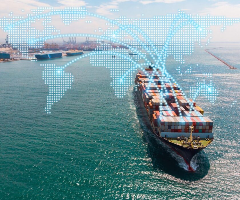 Aerial,View,Of,A,Large,Container,Ship,At,Sea,With